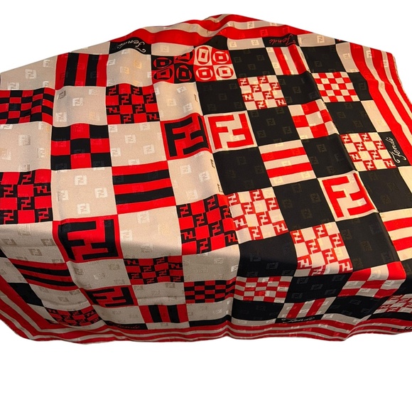 Fendi Italy logo red black cream patchwork checkerboard silk scarf hand … - Picture 1 of 11